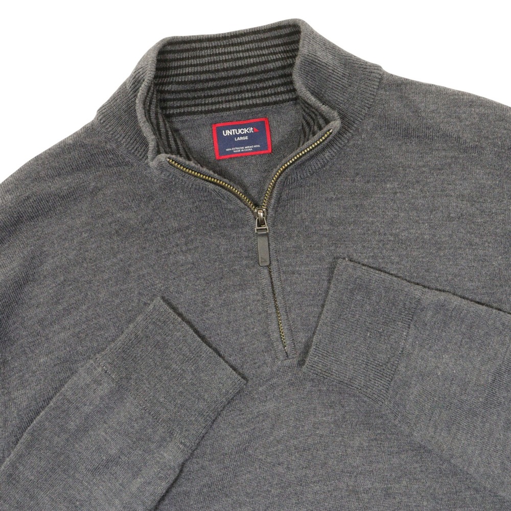 UNTUCKit Quarter Zip Sweater Men L Merino Wool Pullover Charcoal Gray Extra Fine